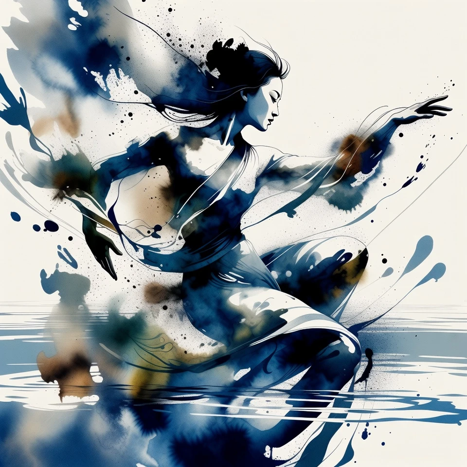 Graceful Chinese woman dancing in flowing ink and light