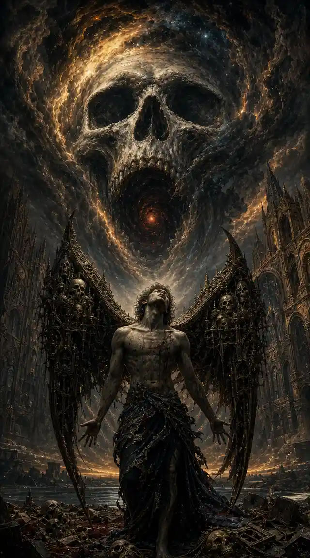 Fallen dark angel in a gothic cosmic storm