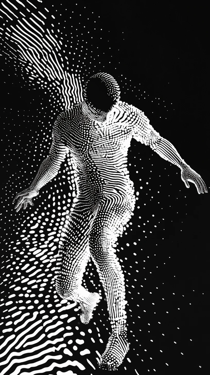 Human figure dissolving into expanding geometric dot pattern