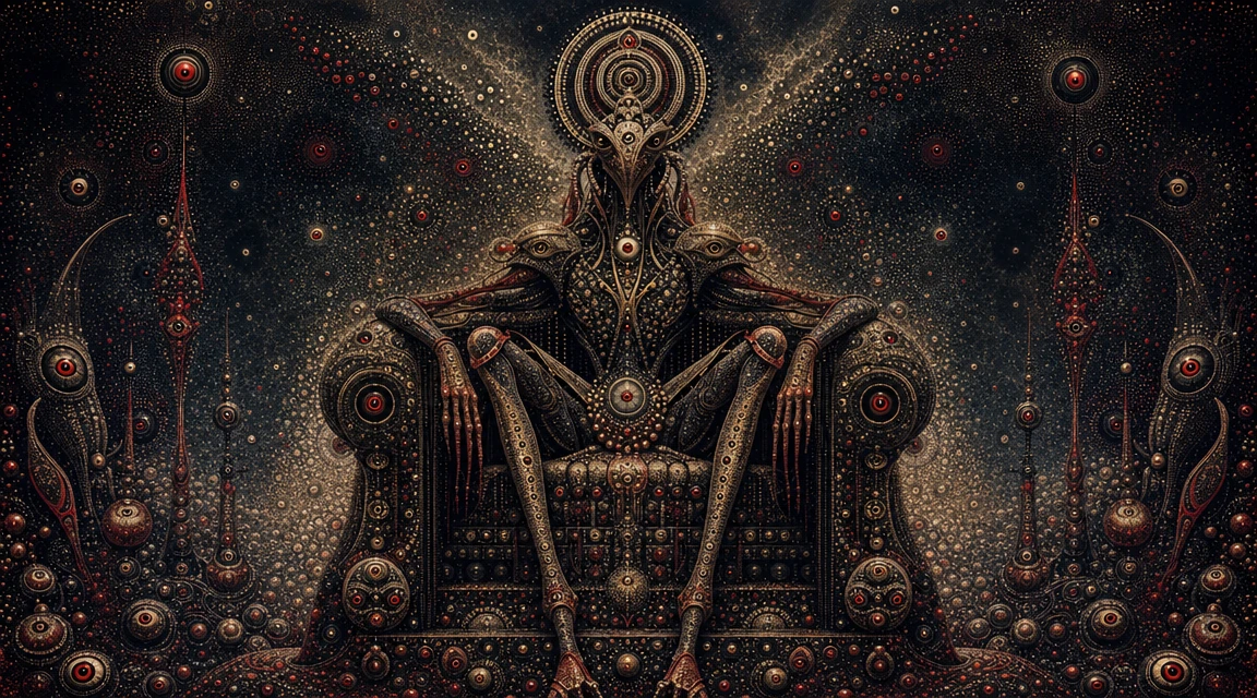 Dark insect queen on a throne in endless dot patterns