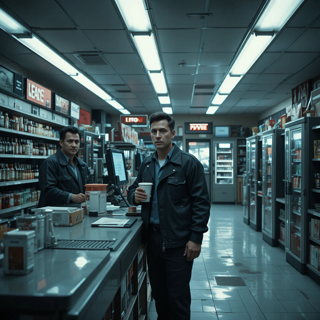 Young man at gas station counter under harsh fluorescent light