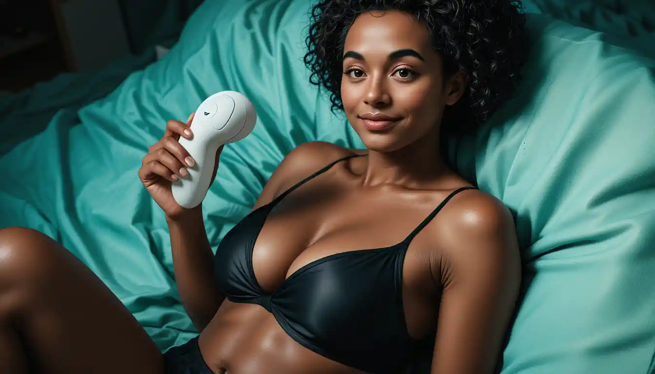 Sensual black woman on emerald bed with soft moonlit glow