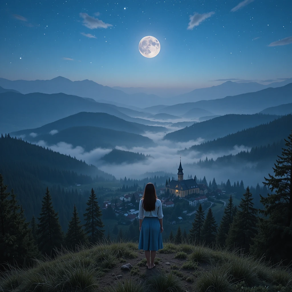 Young woman overlooking a moonlit village from a hill