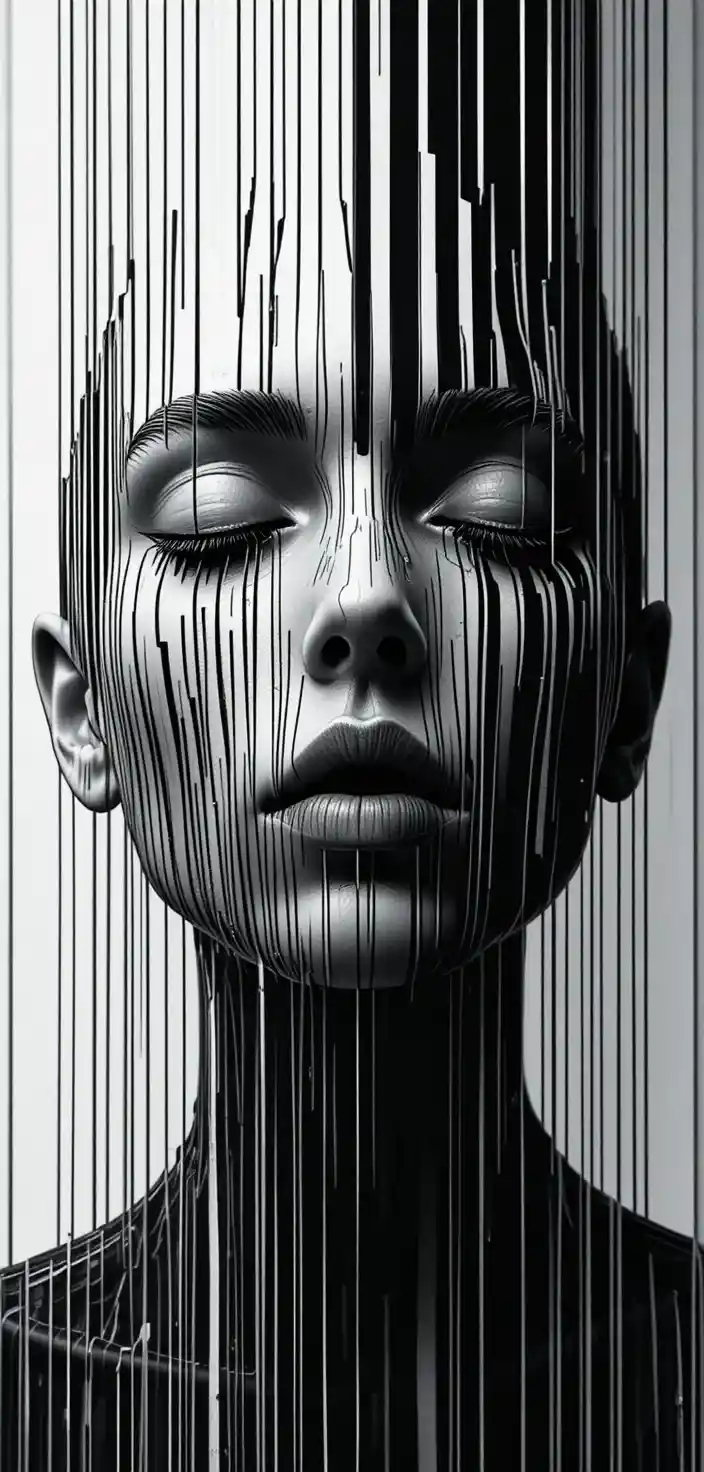 Surreal black and white face split into vertical lines