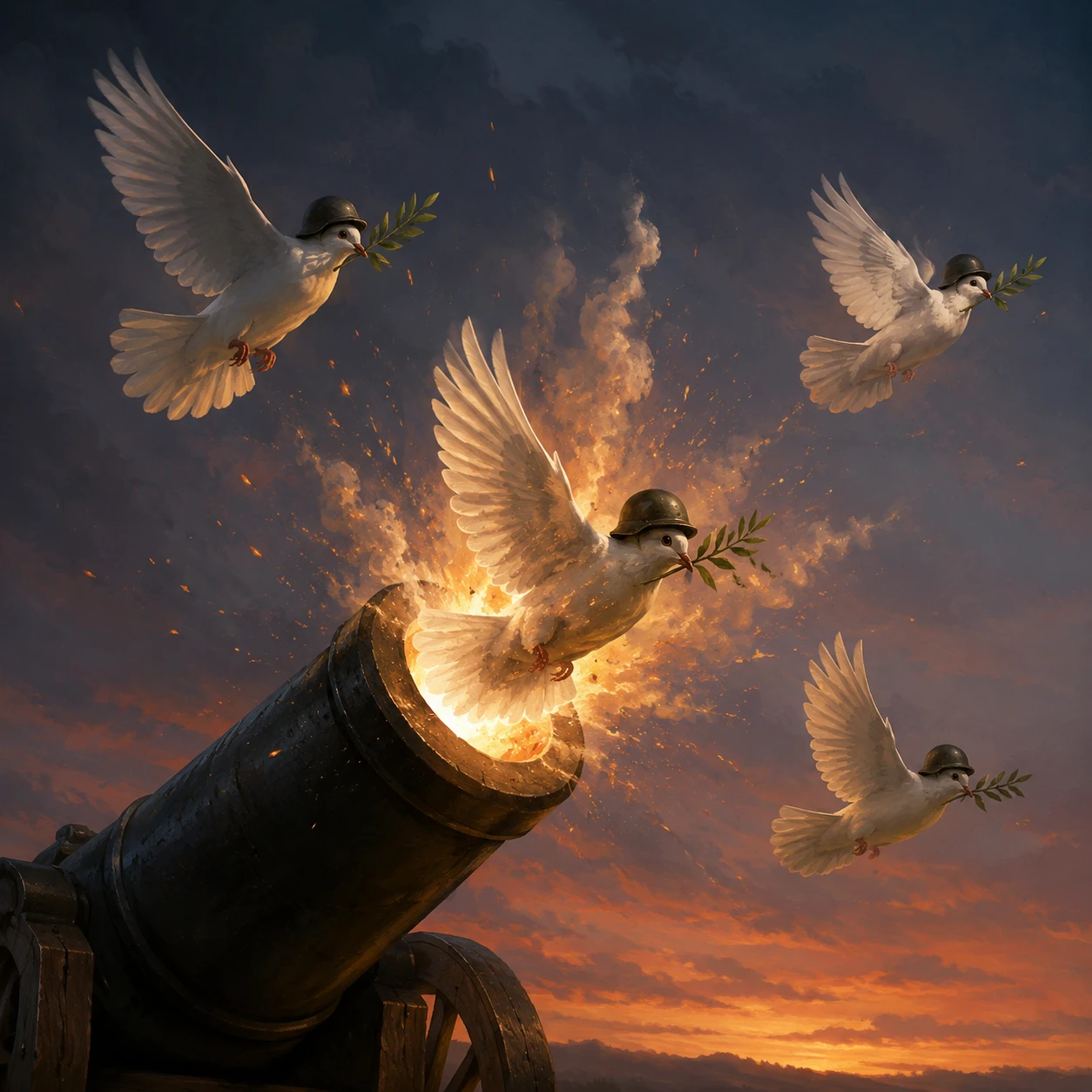 White peace doves bursting from a dark war cannon