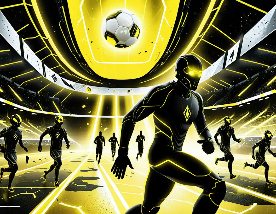 Futuristic soccer players in a neon city stadium