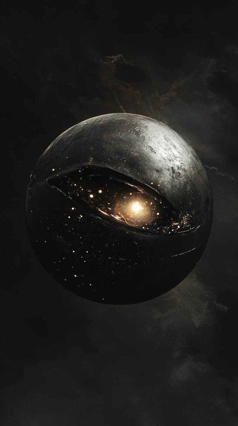 Spherical one eyed entity glowing softly in dark void