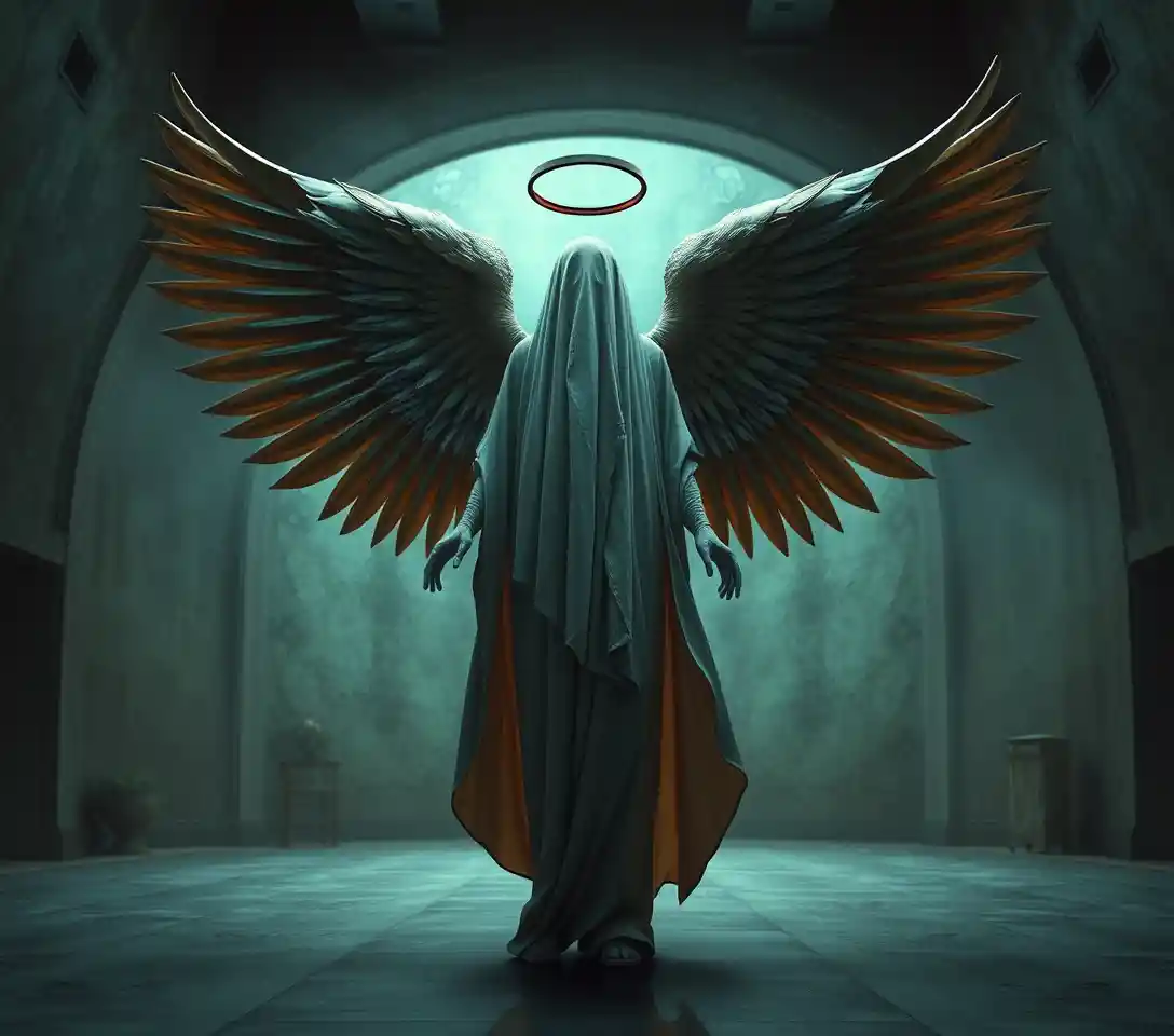 Surreal angel figure in a mysterious balanced composition