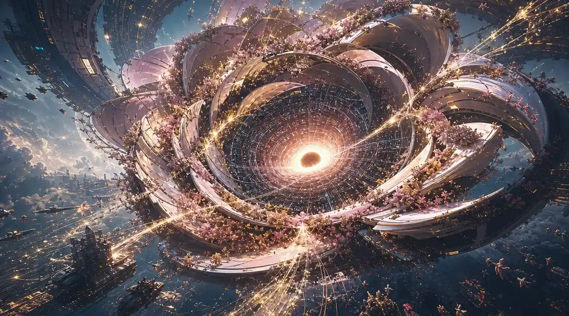 Colossal digital flower swirling around a gravitational core