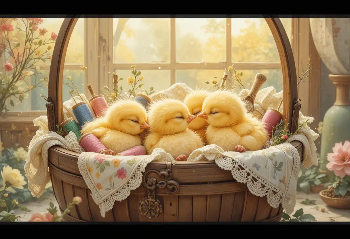 Pollitos amarillos durmiendo en una cesta de costura vintage