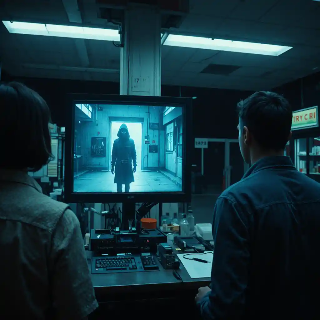 Gas station cashier watching a frozen security monitor