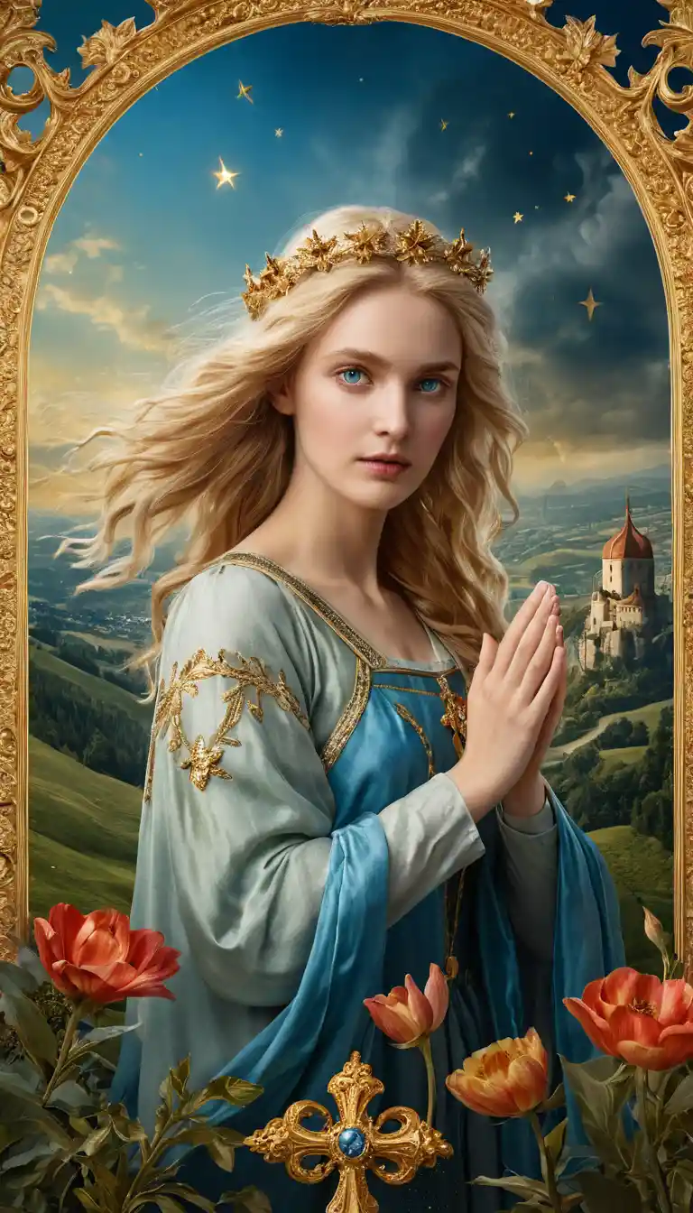Crowned warrior woman with flowing hair and velvet cloak