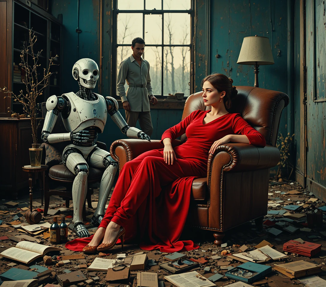 Melancholic woman in red velvet dress with worn robot