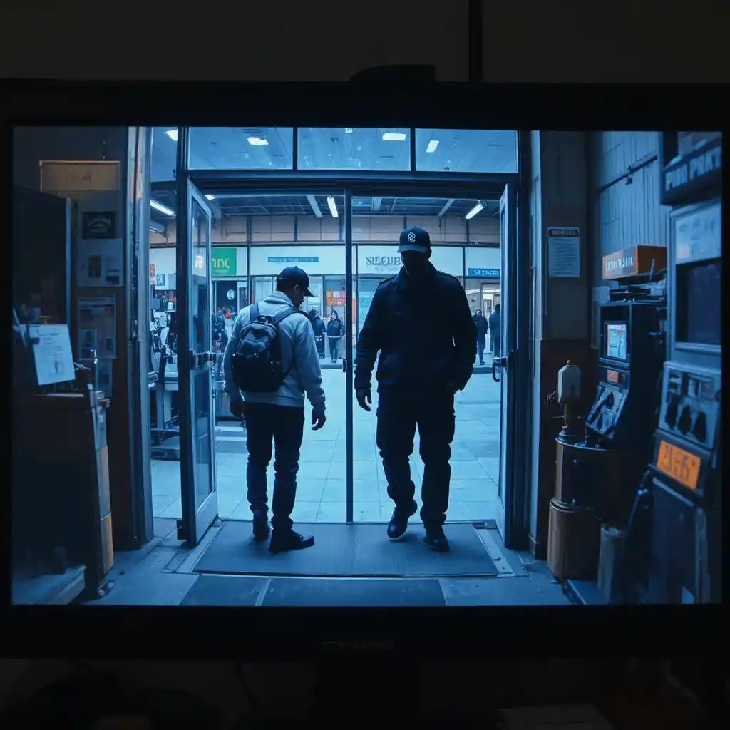 Gas station security monitor with two men in dim view