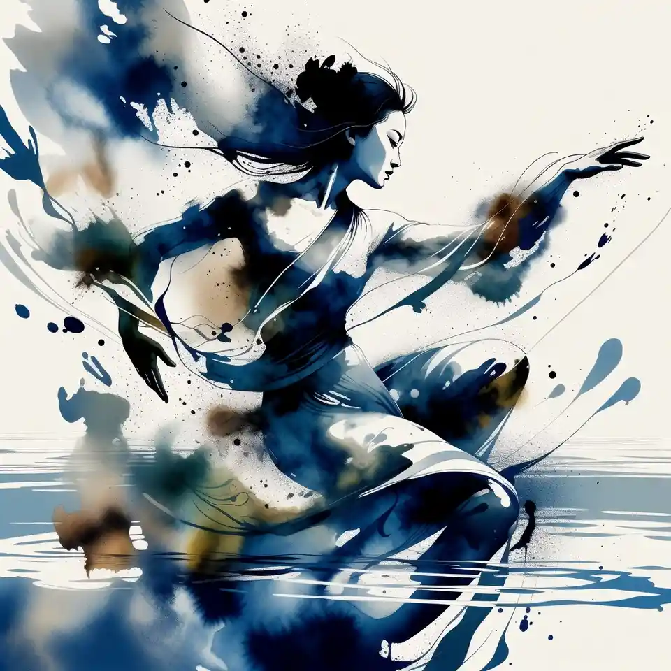 Graceful Chinese woman dancing in flowing ink and light