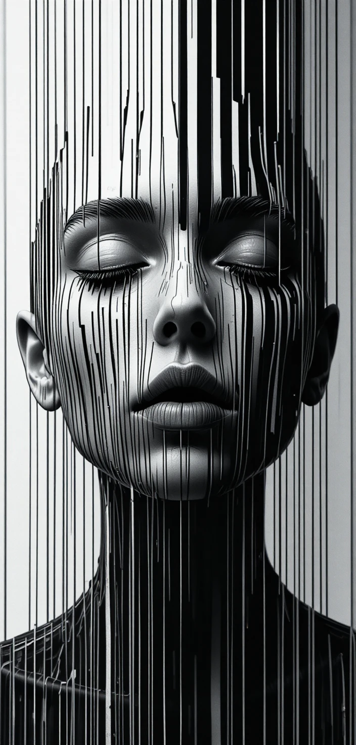 Surreal black and white face split into vertical lines