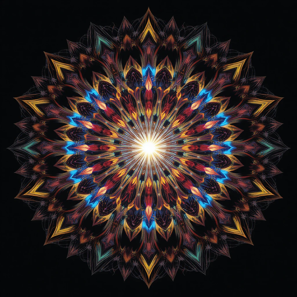 Colorful kaleidoscopic mandala with radiant central glow