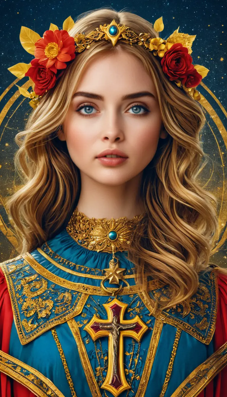 Crowned warrior woman with flowing hair and velvet cape