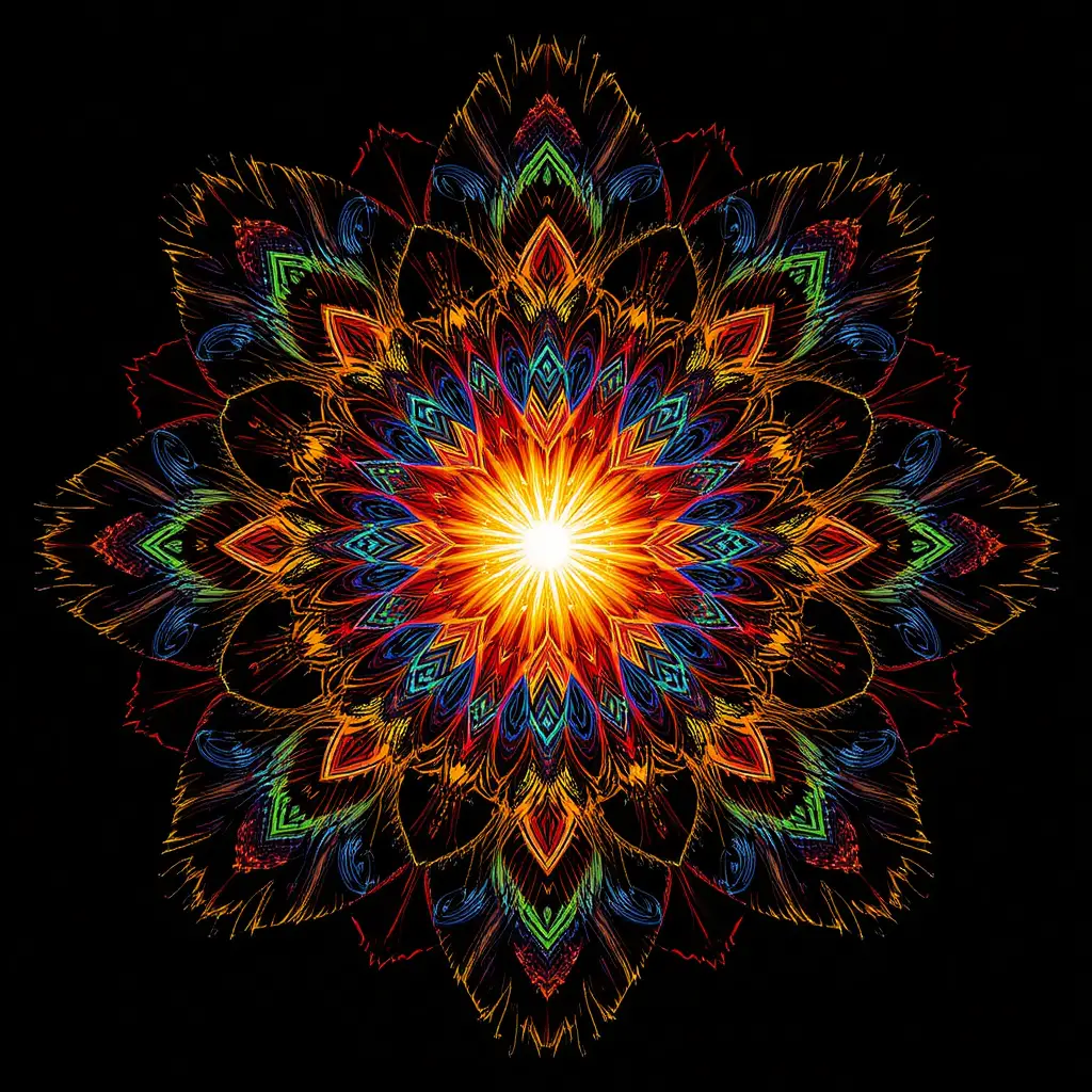 Colorful fractal mandala with radiant kaleidoscopic symmetry