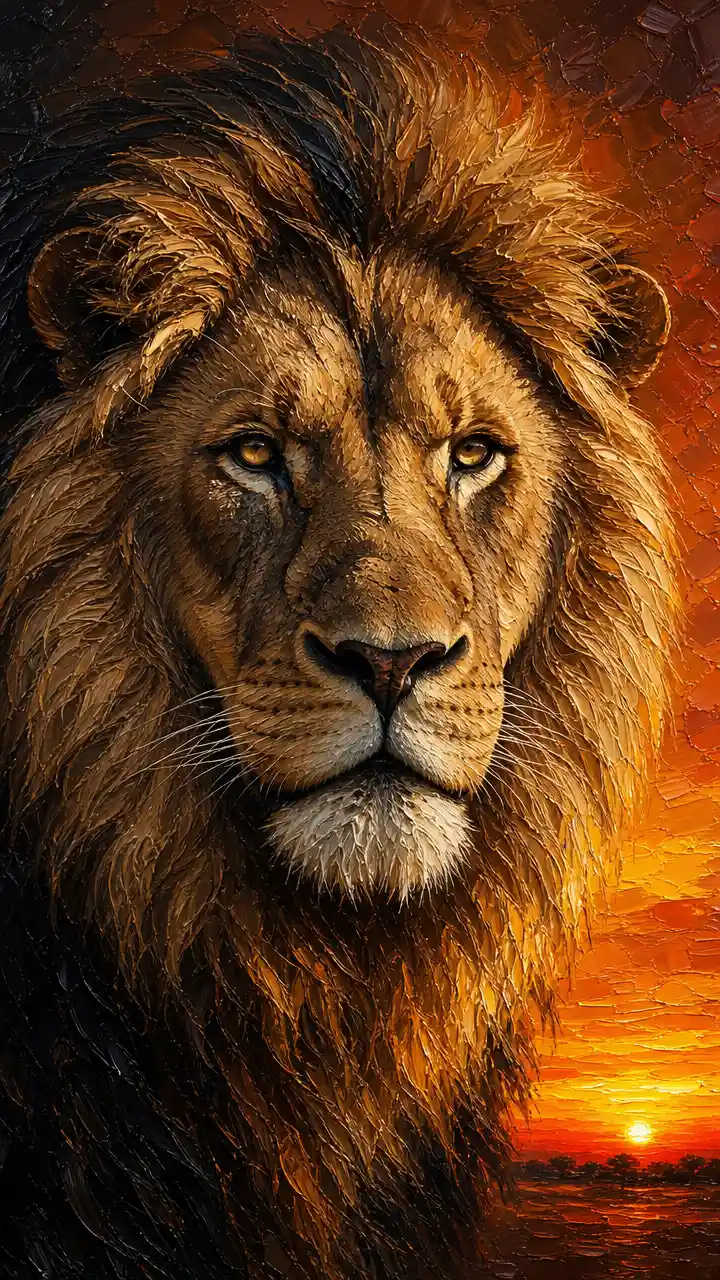 Majestic lion close up with textured impasto mane