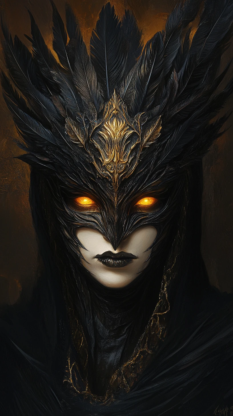 Dark feathered mask with glowing amber eyes in shadow