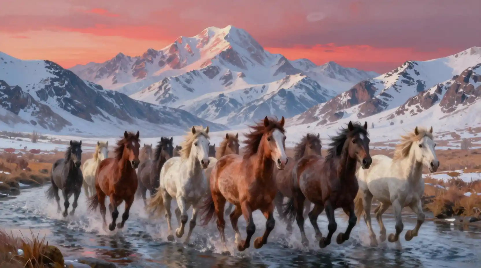 Wild horses charging through a river at mountain sunset