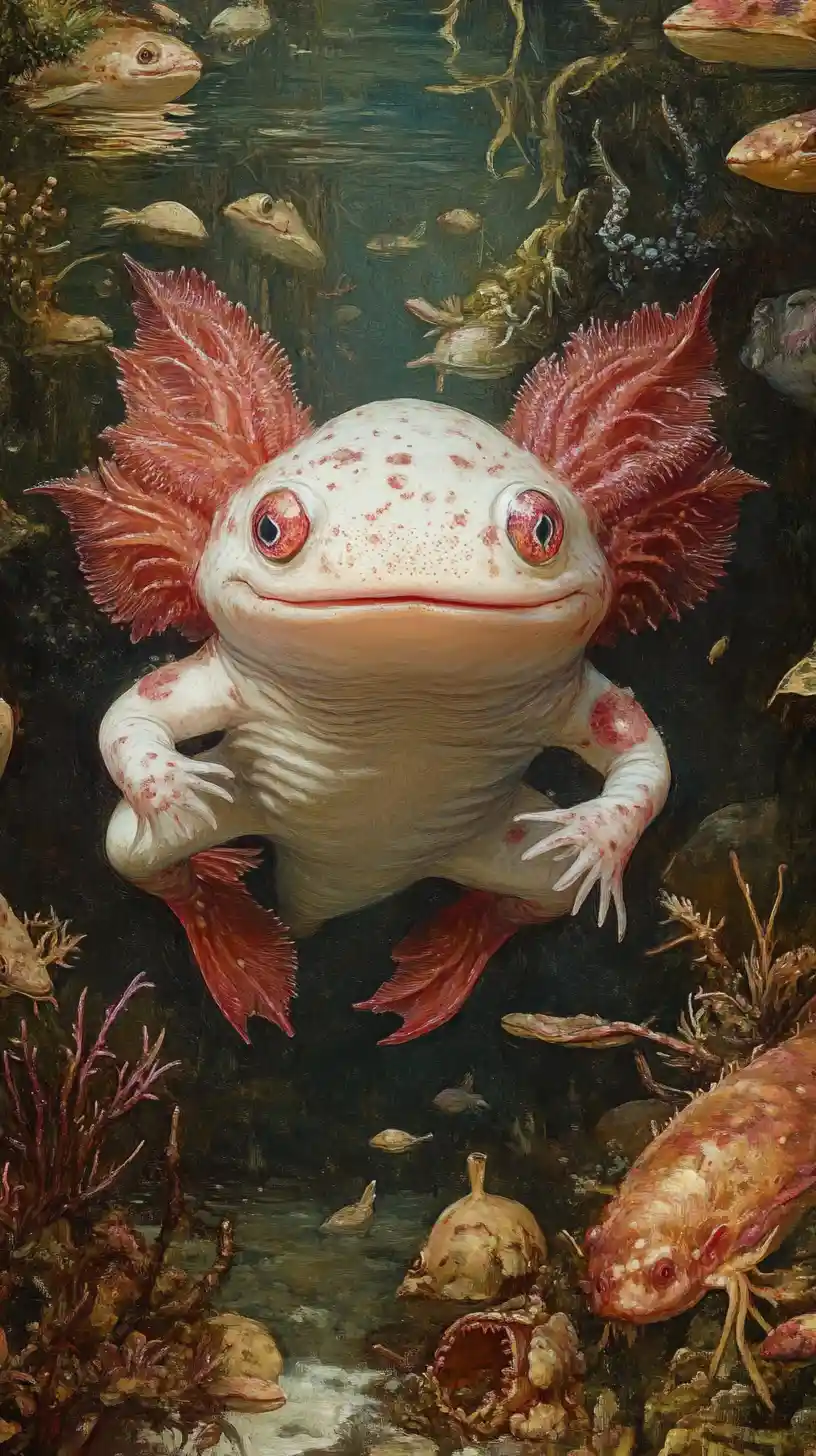 Surreal axolotl artwork with playful visual illusion
