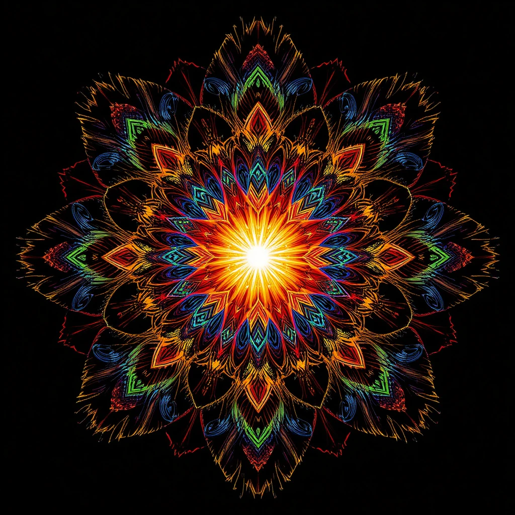 Colorful fractal mandala with radiant kaleidoscopic symmetry