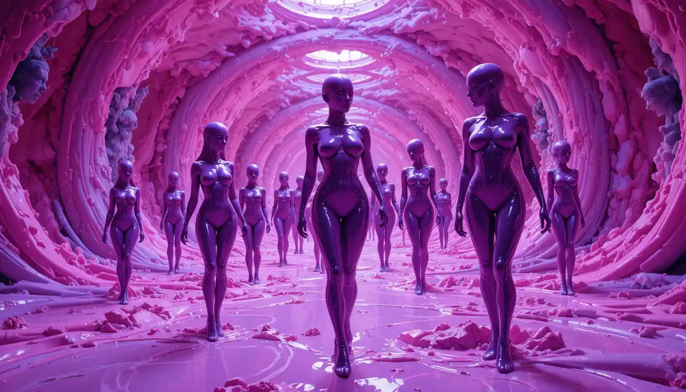 Glamorous Latex Women Floating In A Surreal Purple Universe