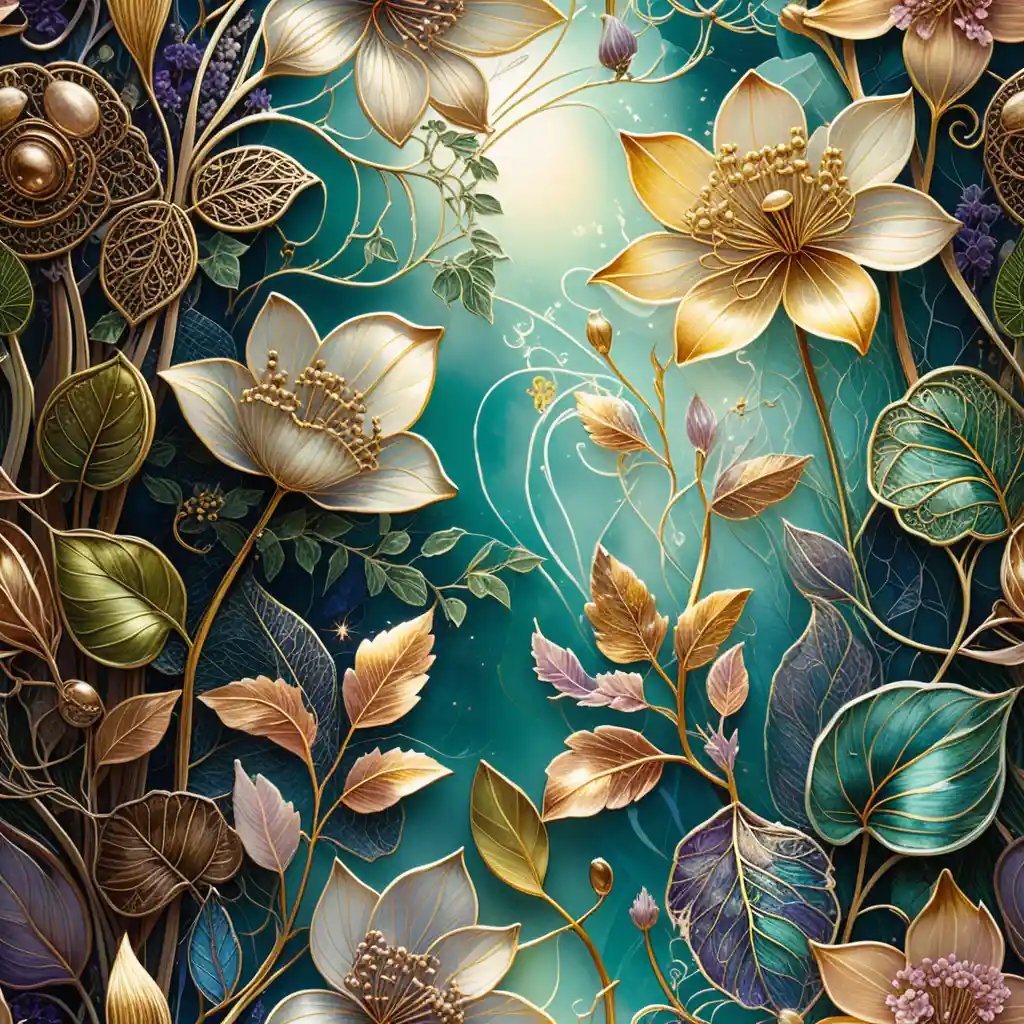 Delicate spring botanical illustration with art nouveau floral patterns