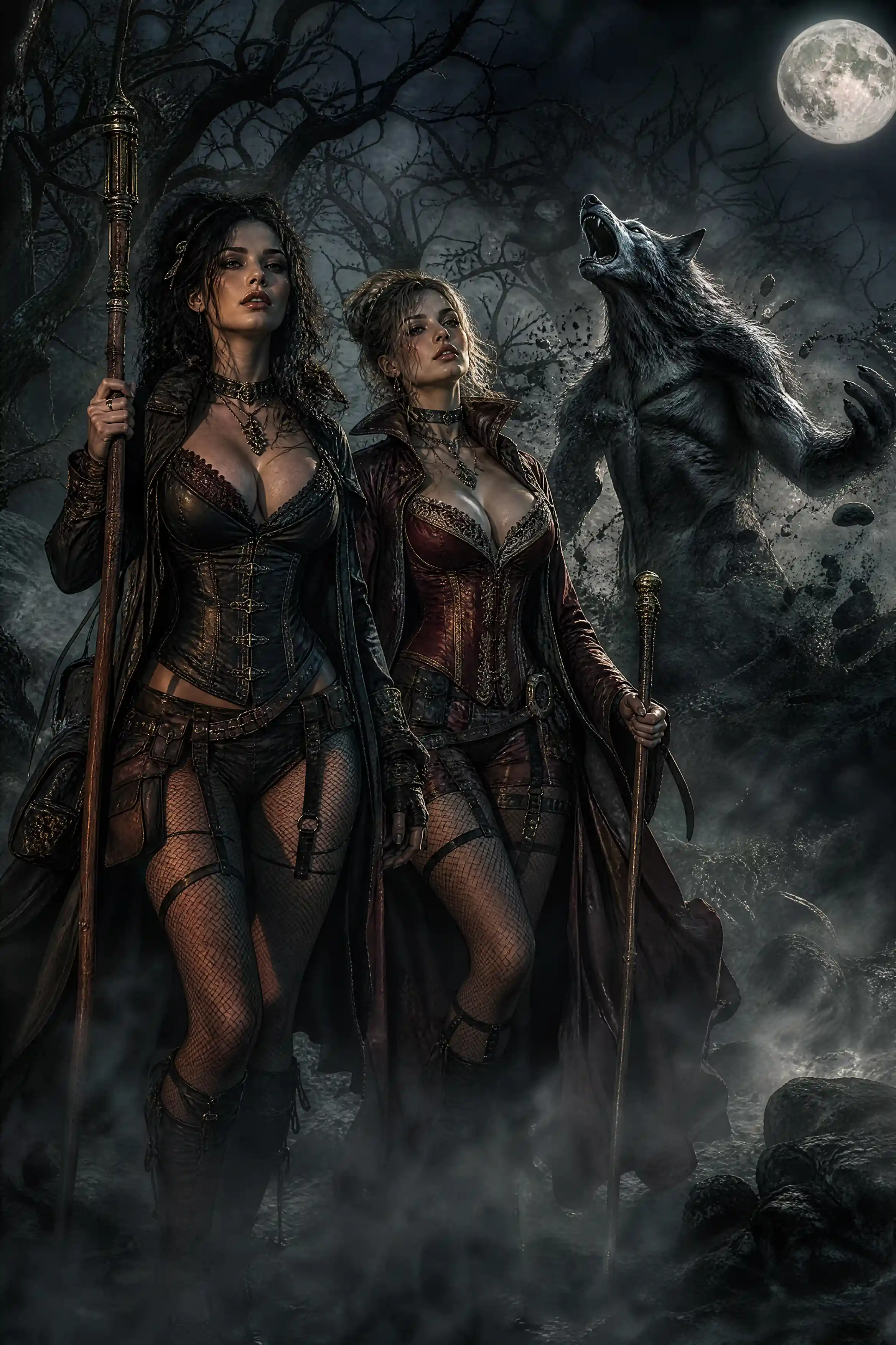 Two fantasy women in corsets in a moonlit forest
