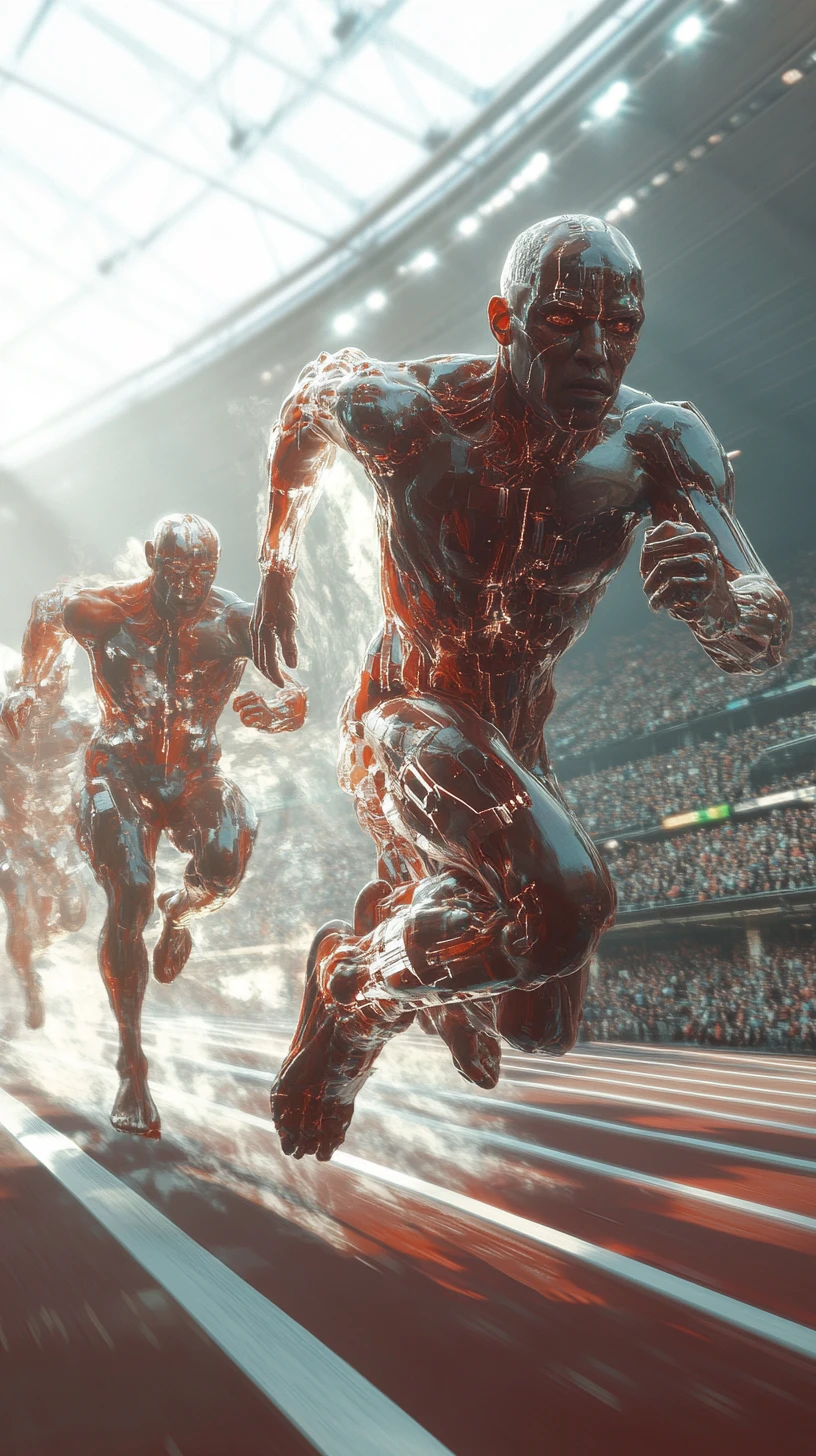 Surreal evolution of runners charging toward the viewer