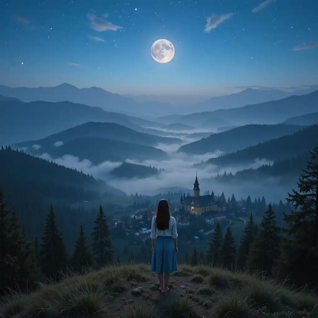 Young woman overlooking a moonlit village from a hill