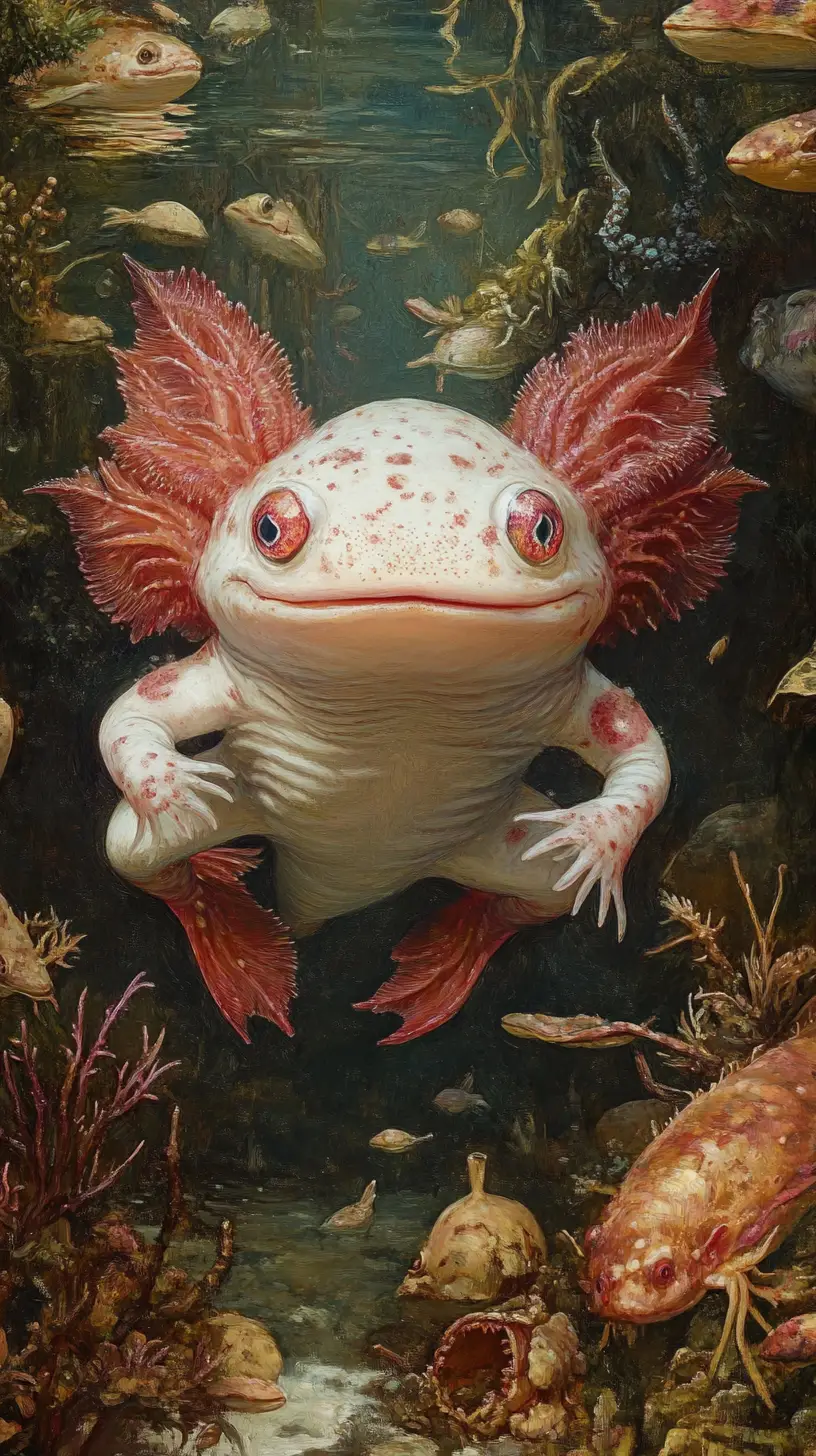 Opera surreale con axolotl e giocosa illusione visiva