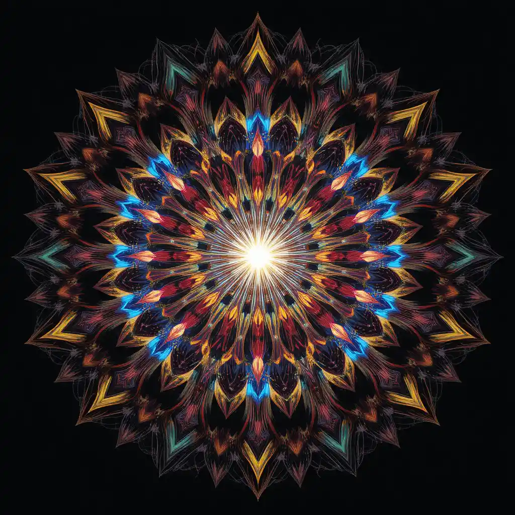 Colorful kaleidoscopic mandala with radiant central glow