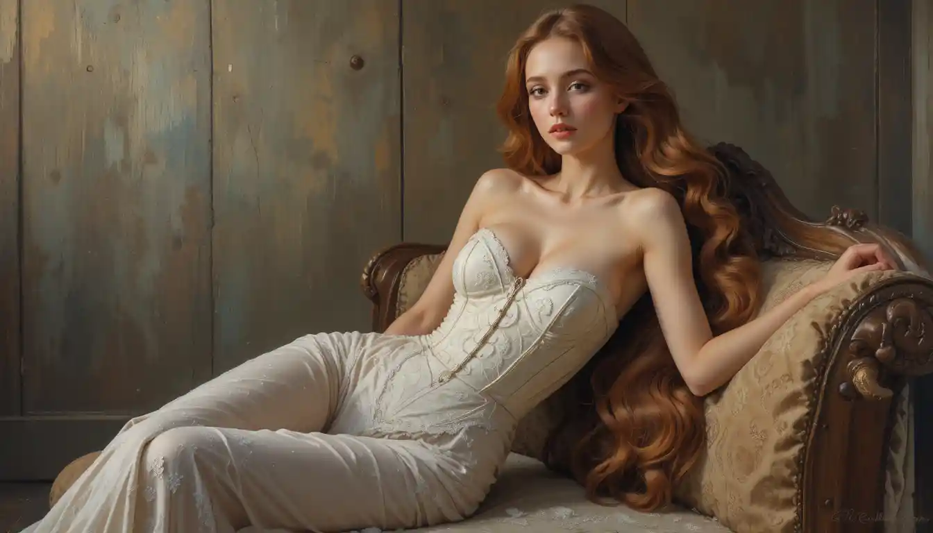 Young woman reclining on rustic wooden furniture
