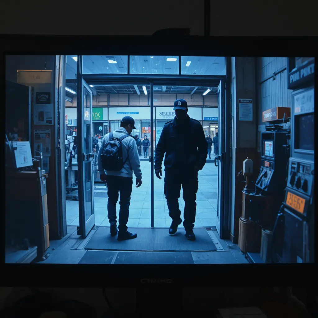 Gas station security monitor with two men in dim view
