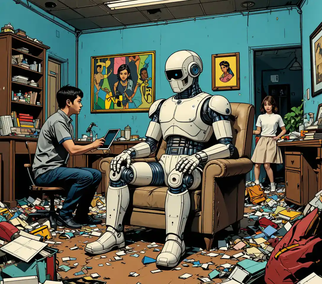 Worn metal robot sitting in a decayed living room