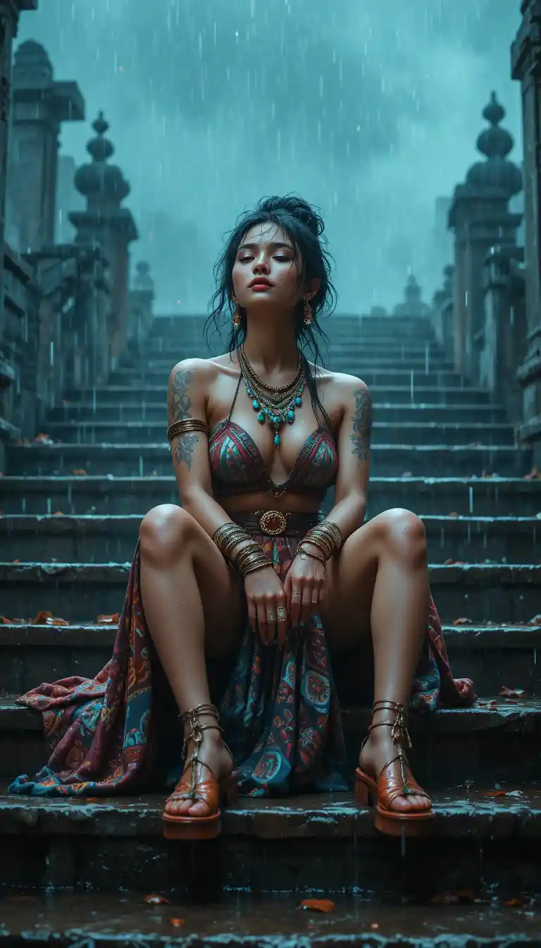Woman on stone steps in rain with cinematic lighting