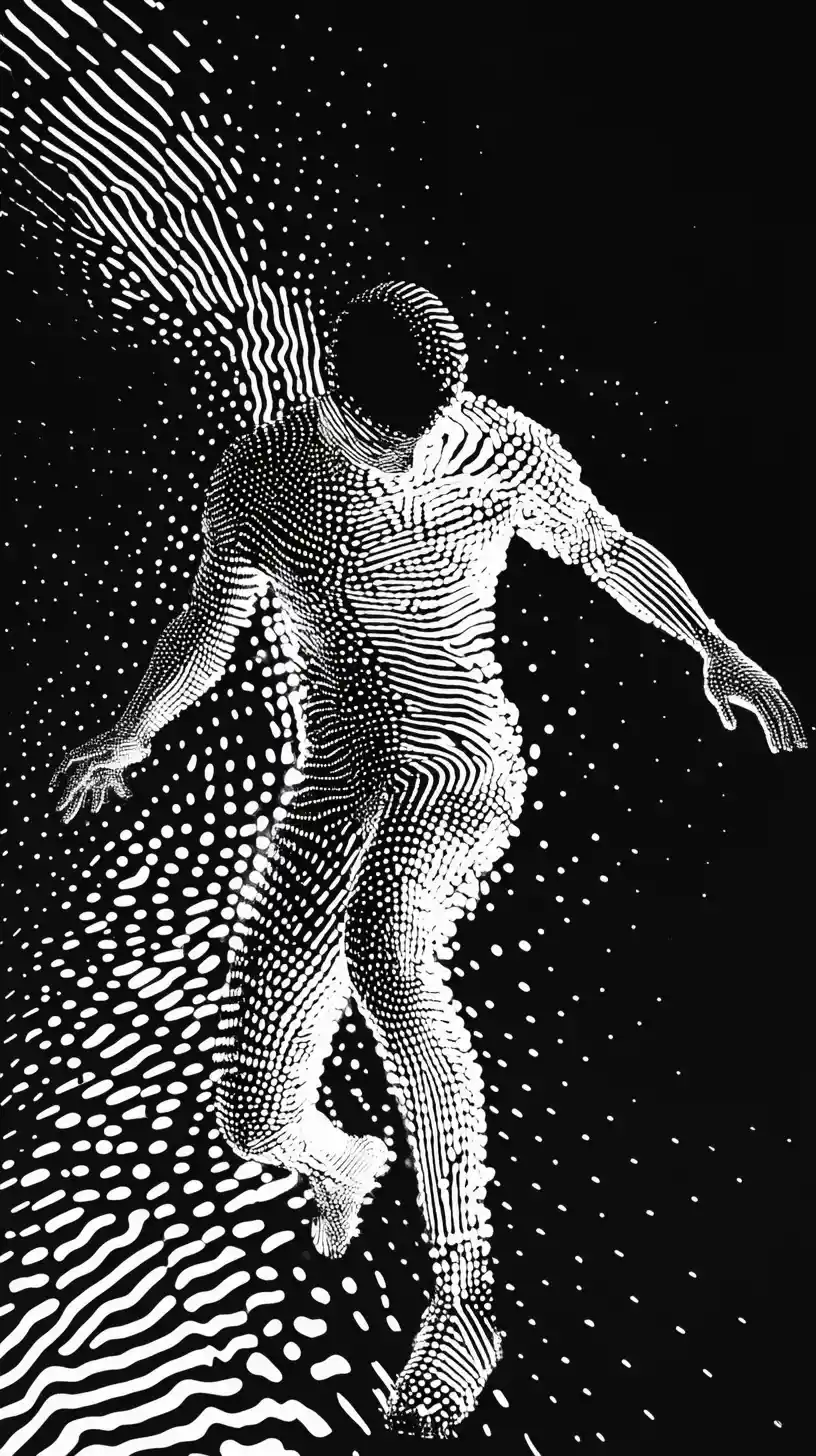 Human figure dissolving into expanding geometric dot pattern