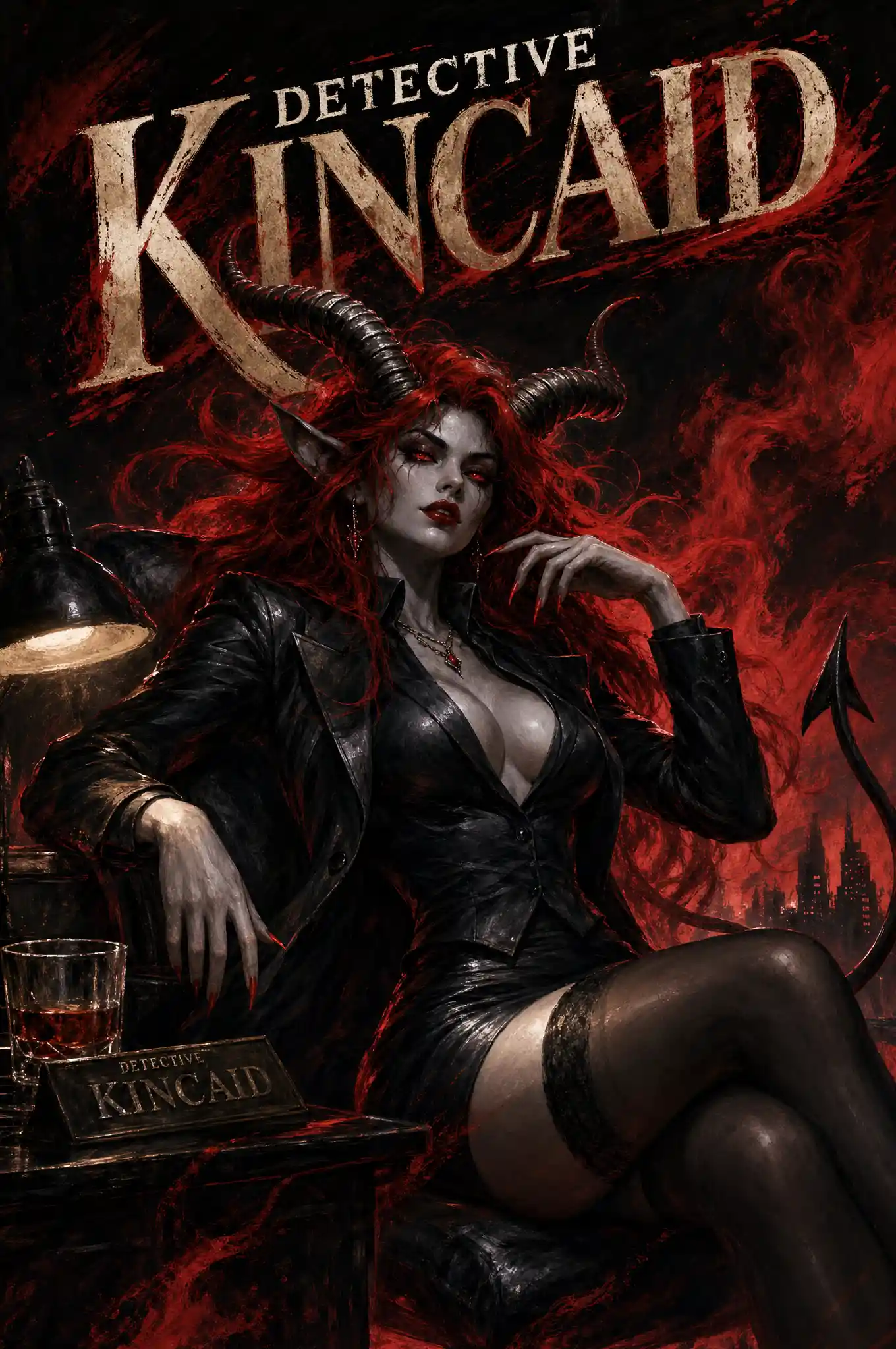 Seductive demon detective woman in dramatic noir lighting