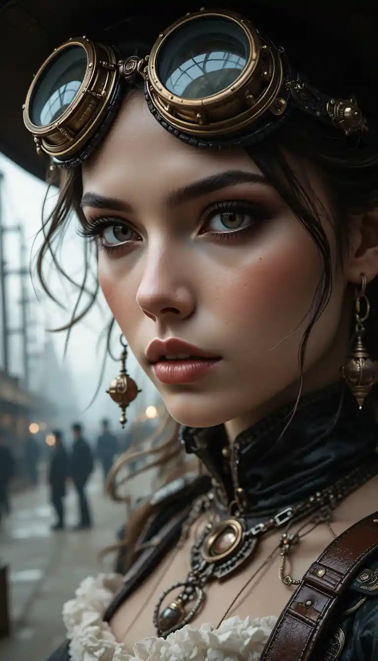Steampunk woman close up at a victorian airship dock