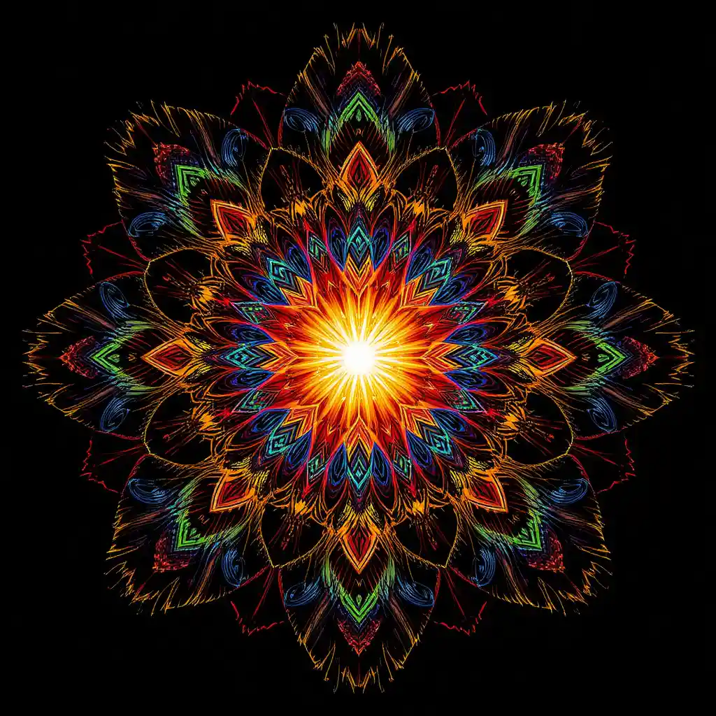 Farbige Fraktal-Mandala mit strahlender kaleidoskopischer Symmetrie