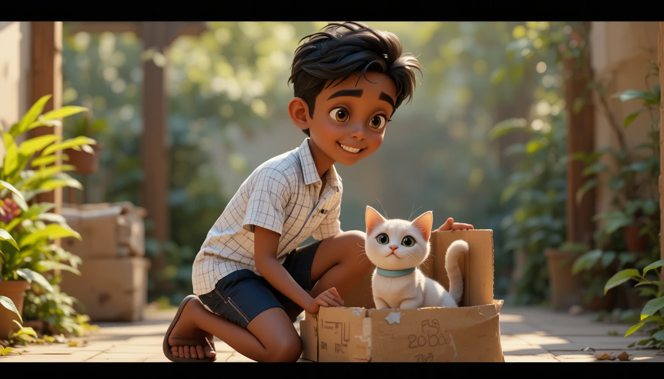 Young boy kneeling beside a white cat in sunlight