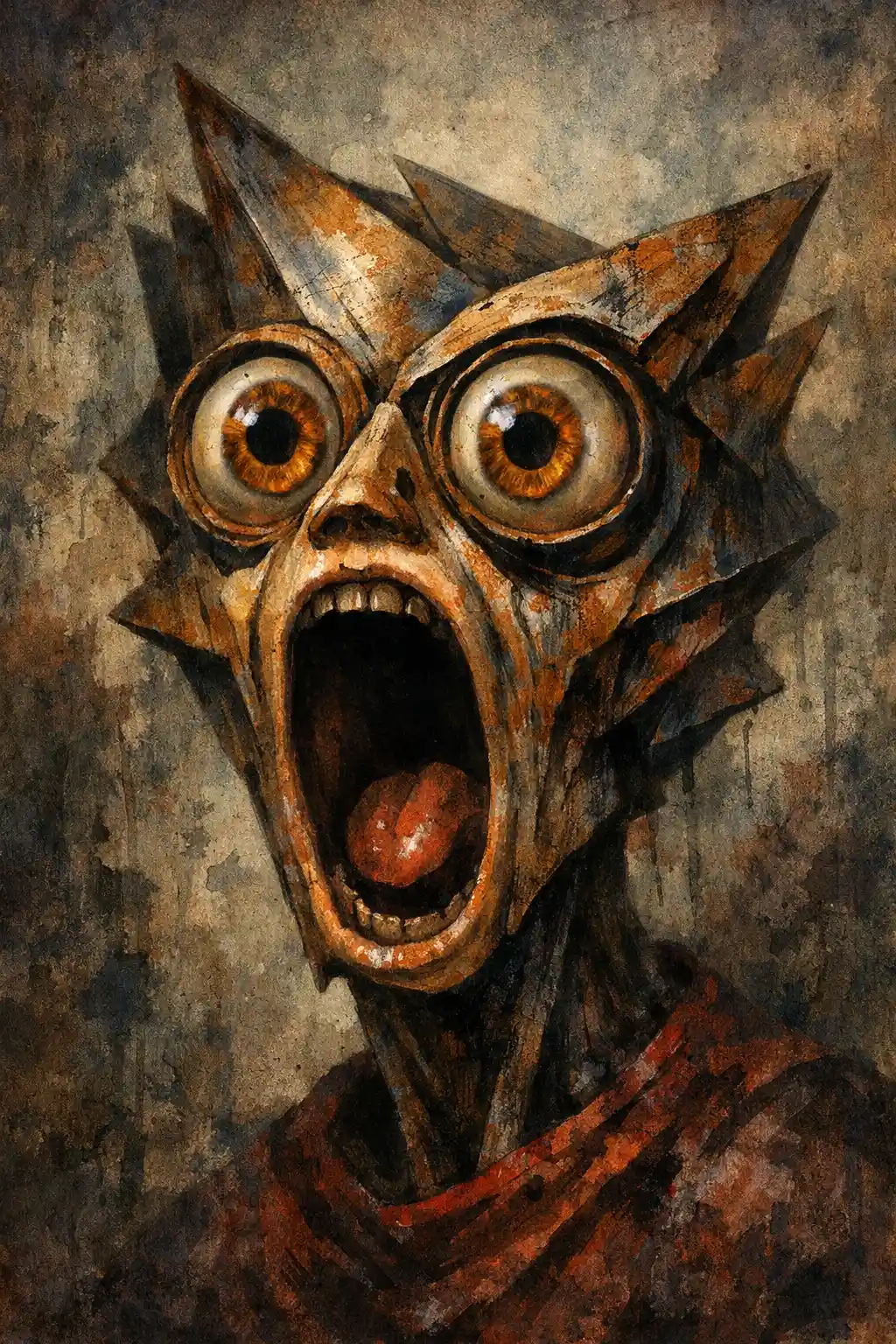 Surreal metallic headshot with screaming face and wide eyes