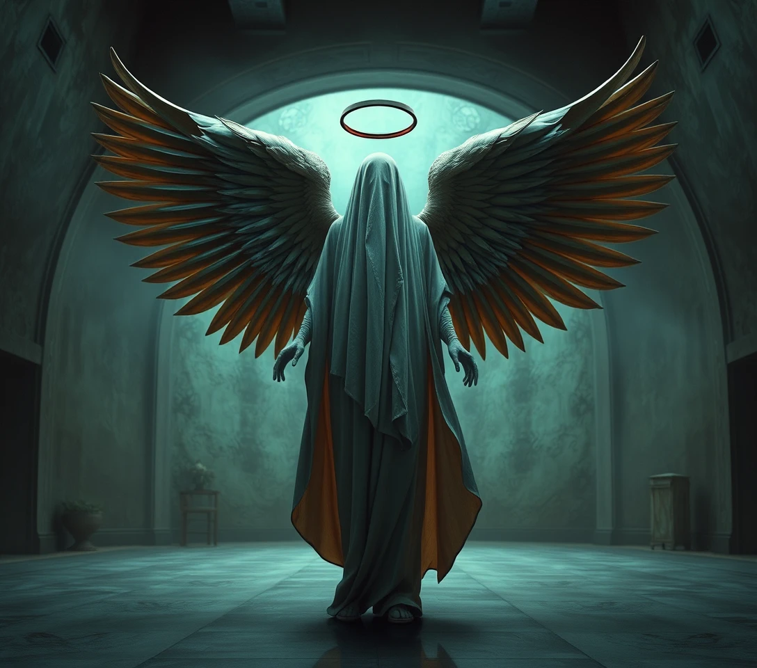 Surreal angel figure in a mysterious balanced composition