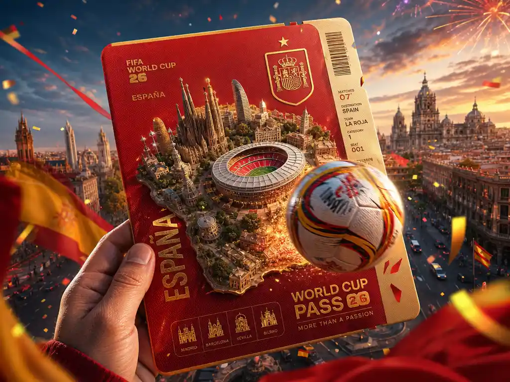 Spanish World Cup pass poster with bursting football scene