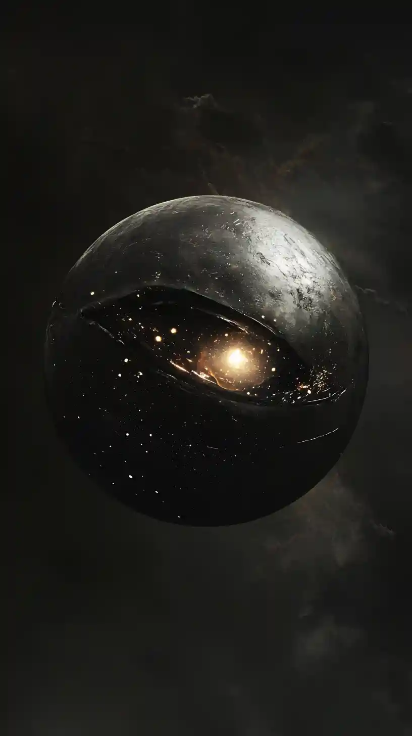 Spherical one eyed entity glowing softly in dark void
