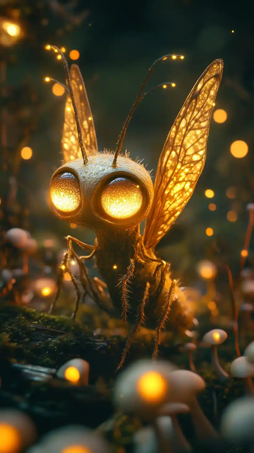 Alien creature in a glowing bioluminescent fantasy forest
