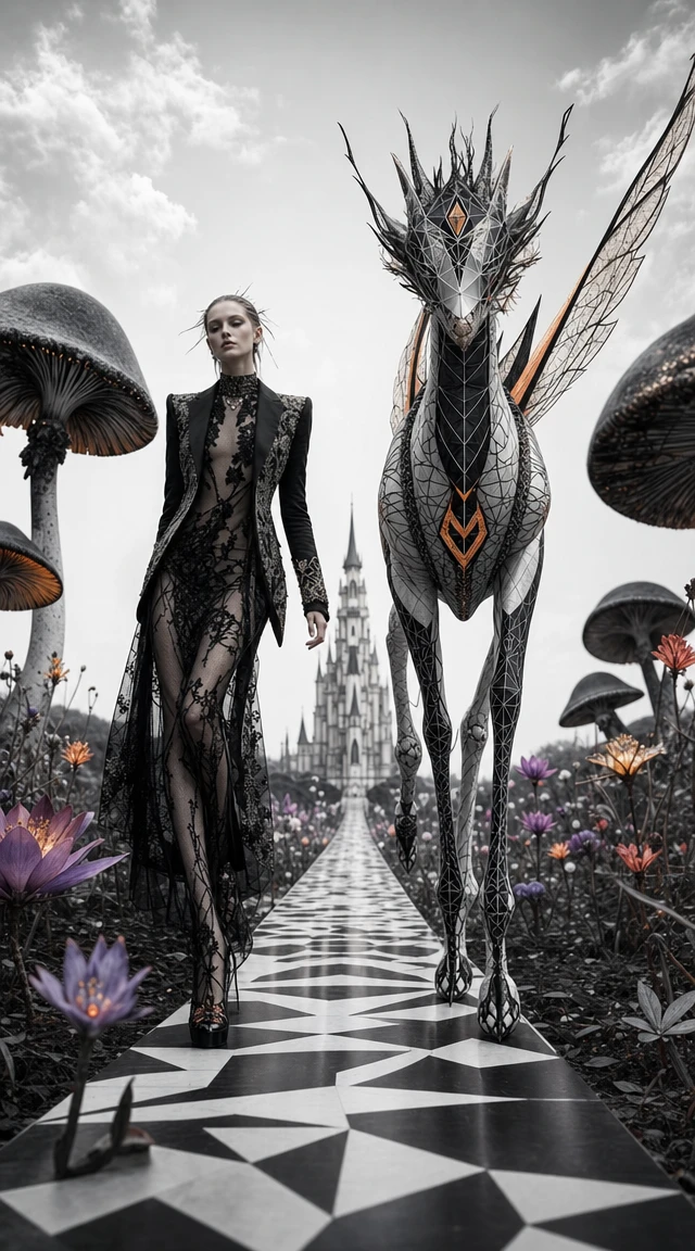 Surreal runway through a fantasy field with hybrid creature